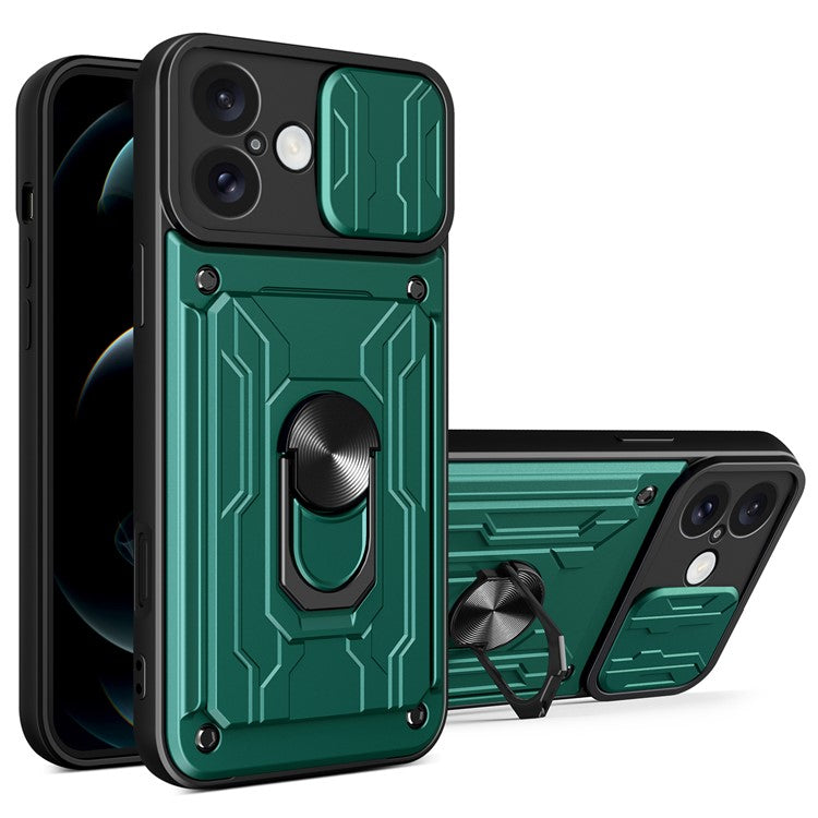 For iPhone 16 Plus Case PC+TPU Kickstand Phone Back Cover with Camera Slider - Blackish Green
