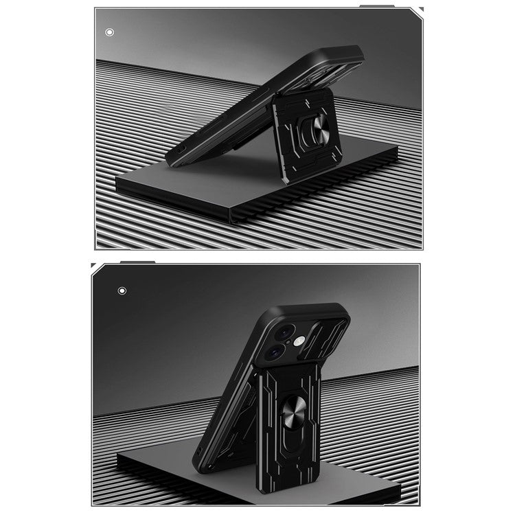 For iPhone 16 Plus Case PC+TPU Kickstand Phone Back Cover with Camera Slider - Blackish Green