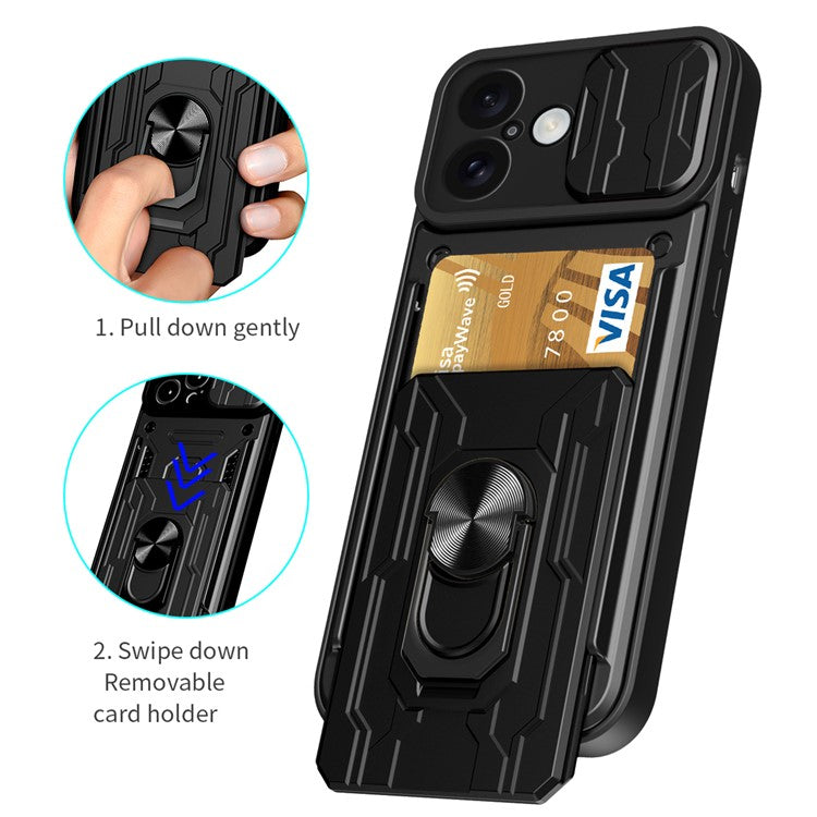 For iPhone 16 Plus Case PC+TPU Kickstand Phone Back Cover with Camera Slider - Blackish Green