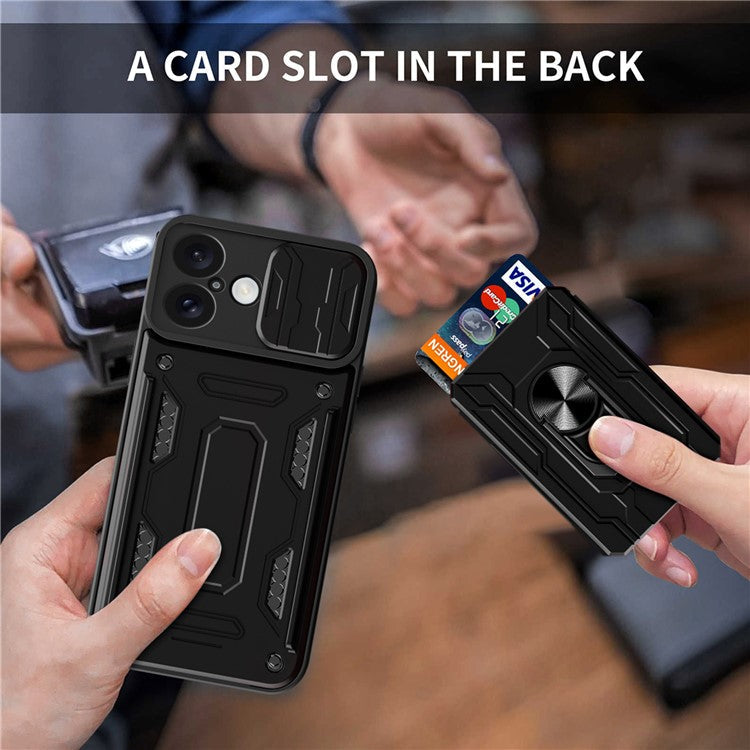 For iPhone 16 Plus Case PC+TPU Kickstand Phone Back Cover with Camera Slider - Blackish Green