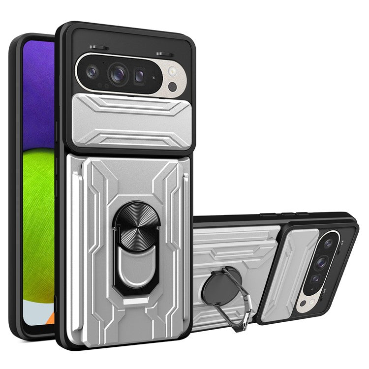 For Google Pixel 9 Pro / Pixel 9 Case PC+TPU Kickstand Phone Back Cover with Camera Slider - White