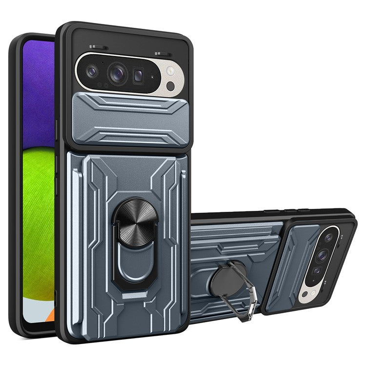 For Google Pixel 9 Pro / Pixel 9 Case PC+TPU Kickstand Phone Back Cover with Camera Slider - Titanium Grey