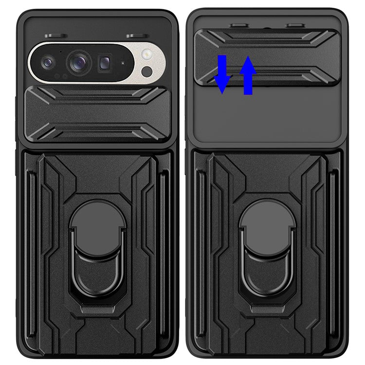 For Google Pixel 9 Pro / Pixel 9 Case PC+TPU Kickstand Phone Back Cover with Camera Slider - Titanium Grey