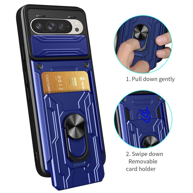 For Google Pixel 9 Pro / Pixel 9 Case PC+TPU Kickstand Phone Back Cover with Camera Slider - Titanium Grey