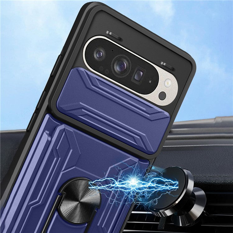 For Google Pixel 9 Pro / Pixel 9 Case PC+TPU Kickstand Phone Back Cover with Camera Slider - Sapphire