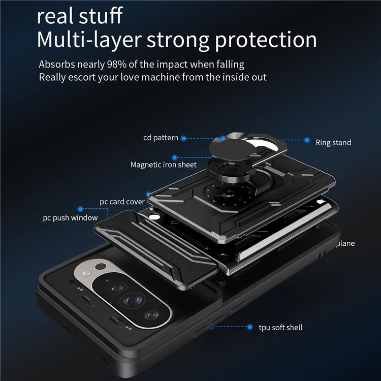 For Google Pixel 9 Pro / Pixel 9 Case PC+TPU Kickstand Phone Back Cover with Camera Slider - Sapphire