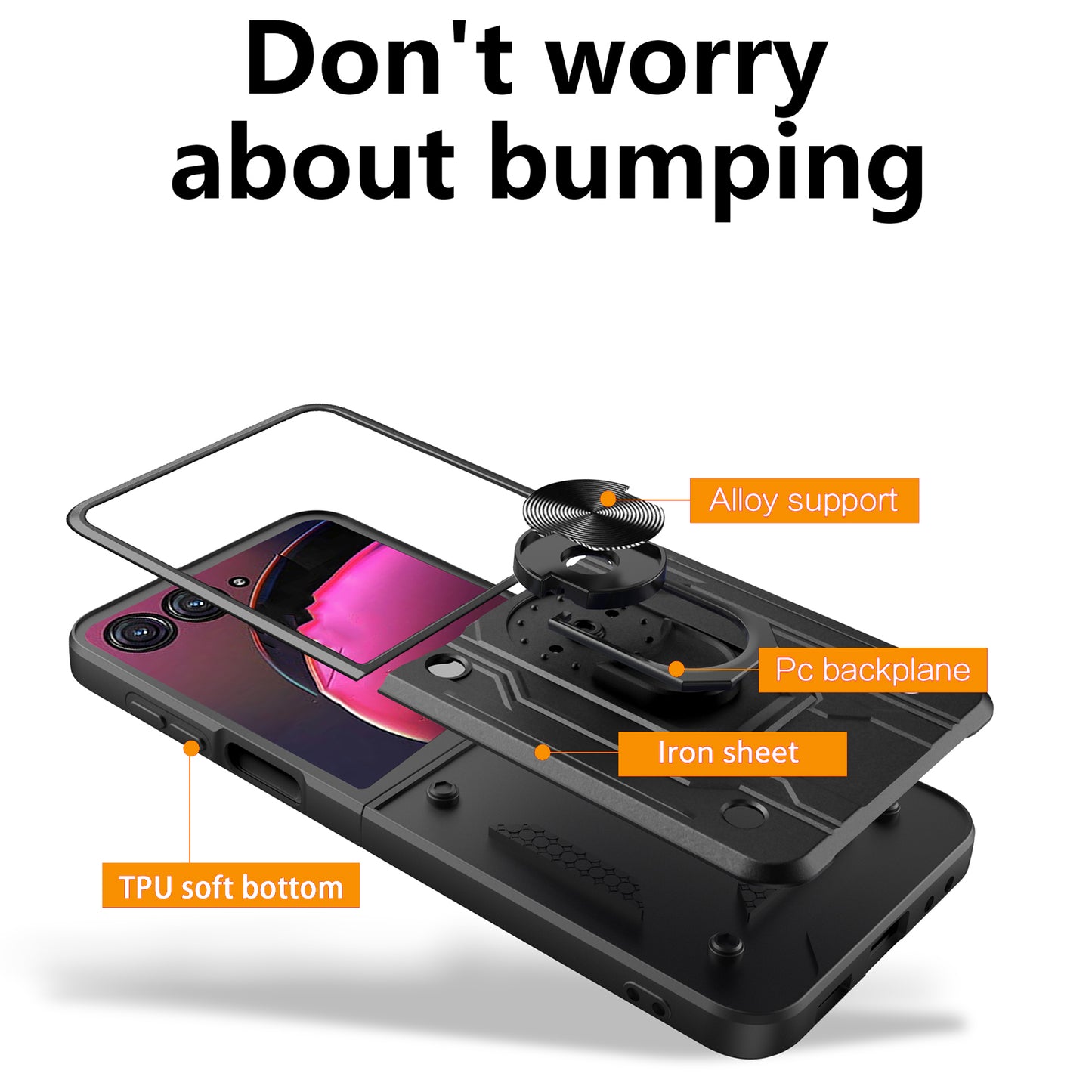 For Motorola Razr 50 Ultra 5G Case PC+TPU Kickstand Phone Back Cover with Camera Slider - Black