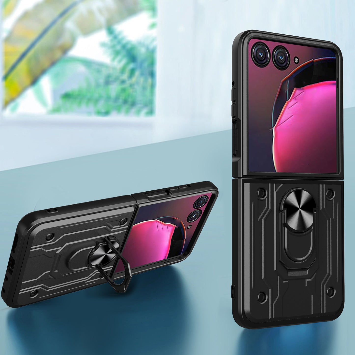 For Motorola Razr 50 Ultra 5G Case PC+TPU Kickstand Phone Back Cover with Camera Slider - Titanium Grey