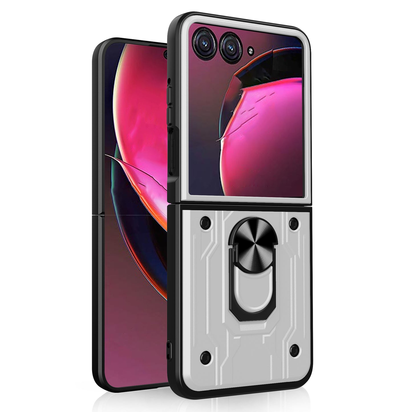 For Motorola Razr 50 Ultra 5G Case PC+TPU Kickstand Phone Back Cover with Camera Slider - White