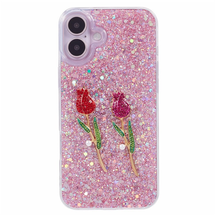 For iPhone 16 Plus Phone Case Sparkle Glitter Rose TPU Acrylic Back Cover - Pink