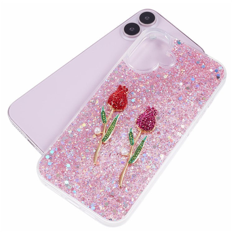 For iPhone 16 Plus Phone Case Sparkle Glitter Rose TPU Acrylic Back Cover - Pink