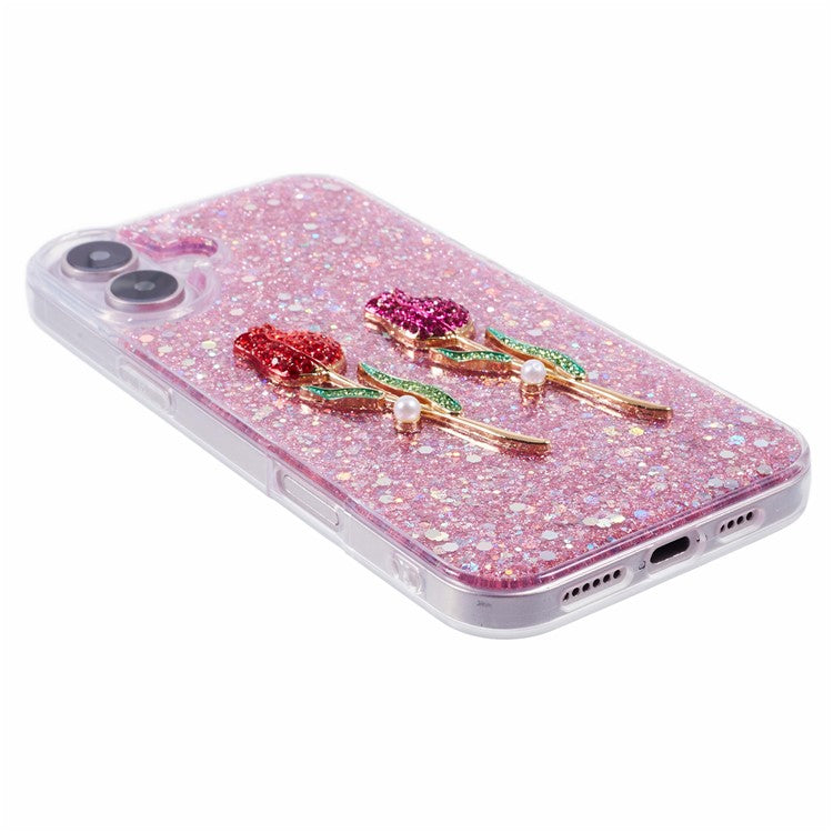 For iPhone 16 Plus Phone Case Sparkle Glitter Rose TPU Acrylic Back Cover - Pink