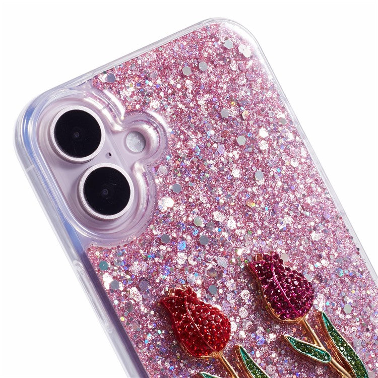 For iPhone 16 Plus Phone Case Sparkle Glitter Rose TPU Acrylic Back Cover - Pink