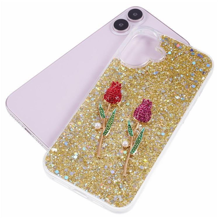For iPhone 16 Plus Phone Case Sparkle Glitter Rose TPU Acrylic Back Cover - Gold