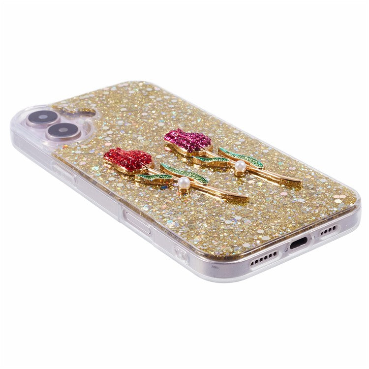 For iPhone 16 Plus Phone Case Sparkle Glitter Rose TPU Acrylic Back Cover - Gold