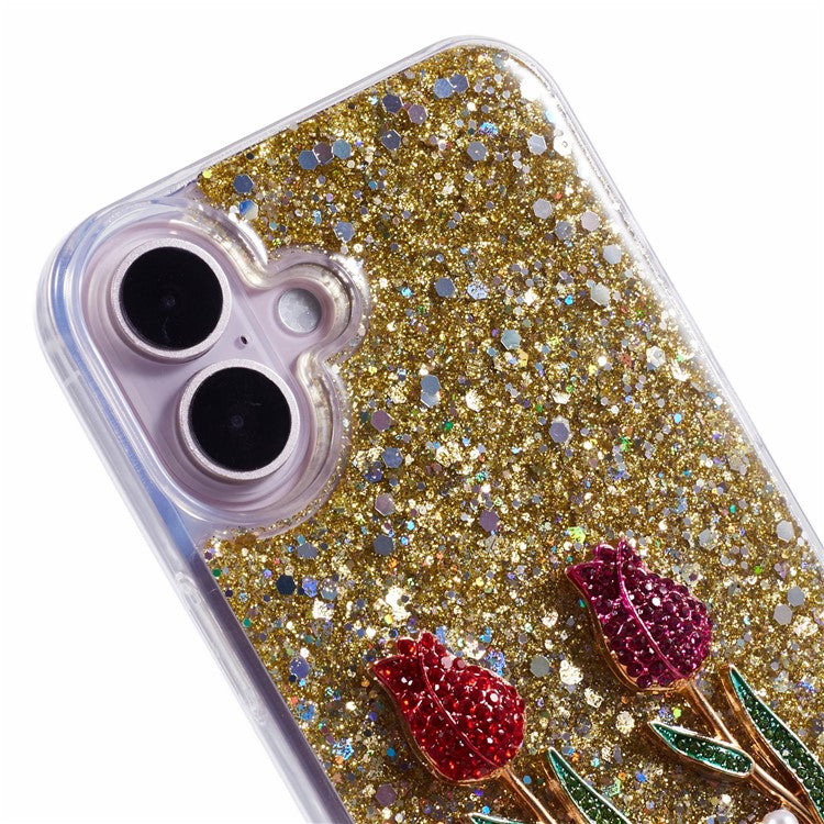 For iPhone 16 Plus Phone Case Sparkle Glitter Rose TPU Acrylic Back Cover - Gold