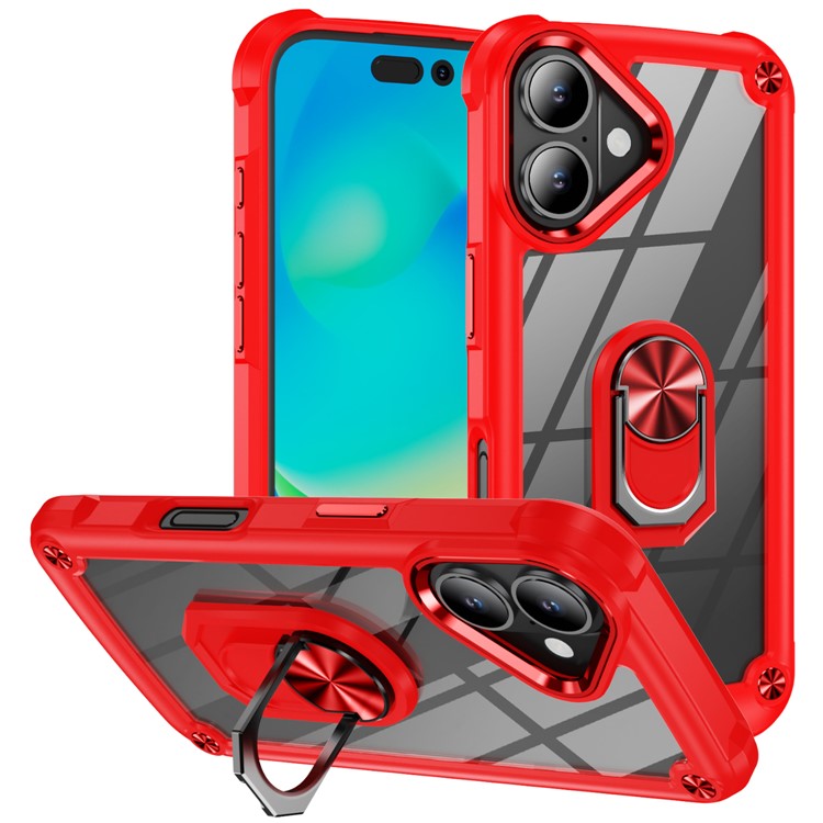 For iPhone 16 Plus Case Alloy Lens Frame PC + TPU Kickstand Phone Back Cover - Red