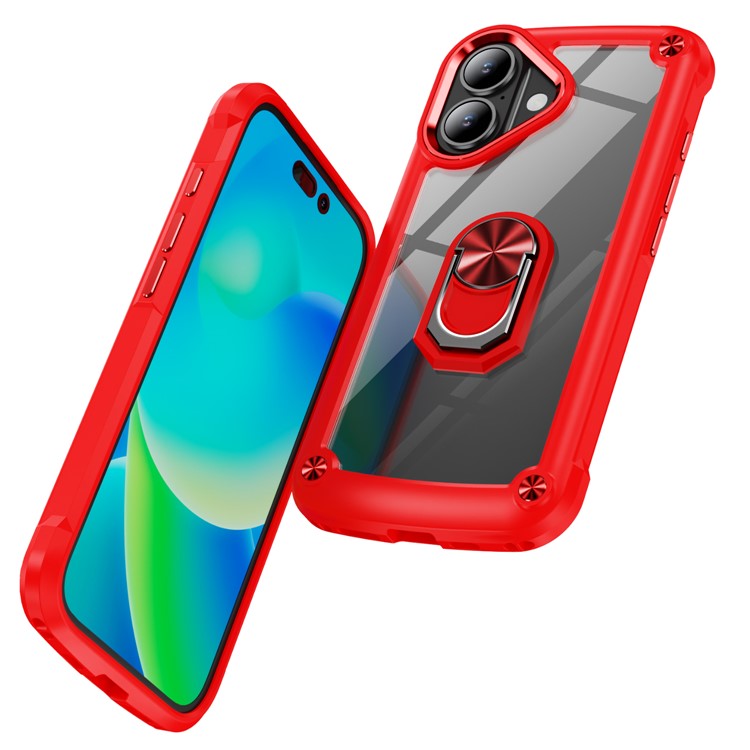 For iPhone 16 Plus Case Alloy Lens Frame PC + TPU Kickstand Phone Back Cover - Red