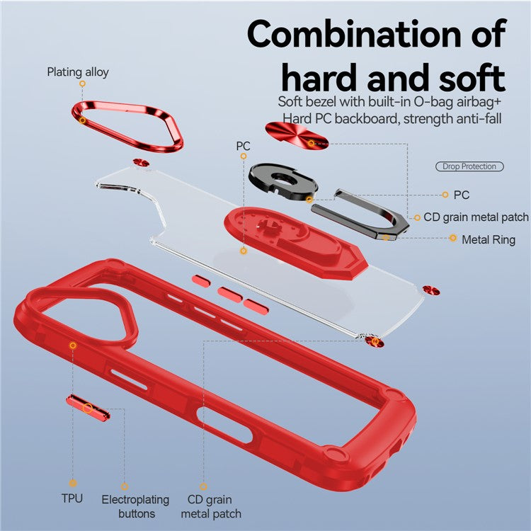 For iPhone 16 Plus Case Alloy Lens Frame PC + TPU Kickstand Phone Back Cover - Red