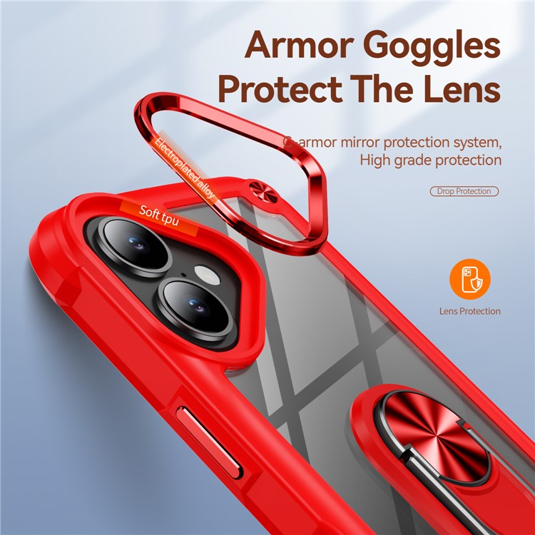 For iPhone 16 Plus Case Alloy Lens Frame PC + TPU Kickstand Phone Back Cover - Red
