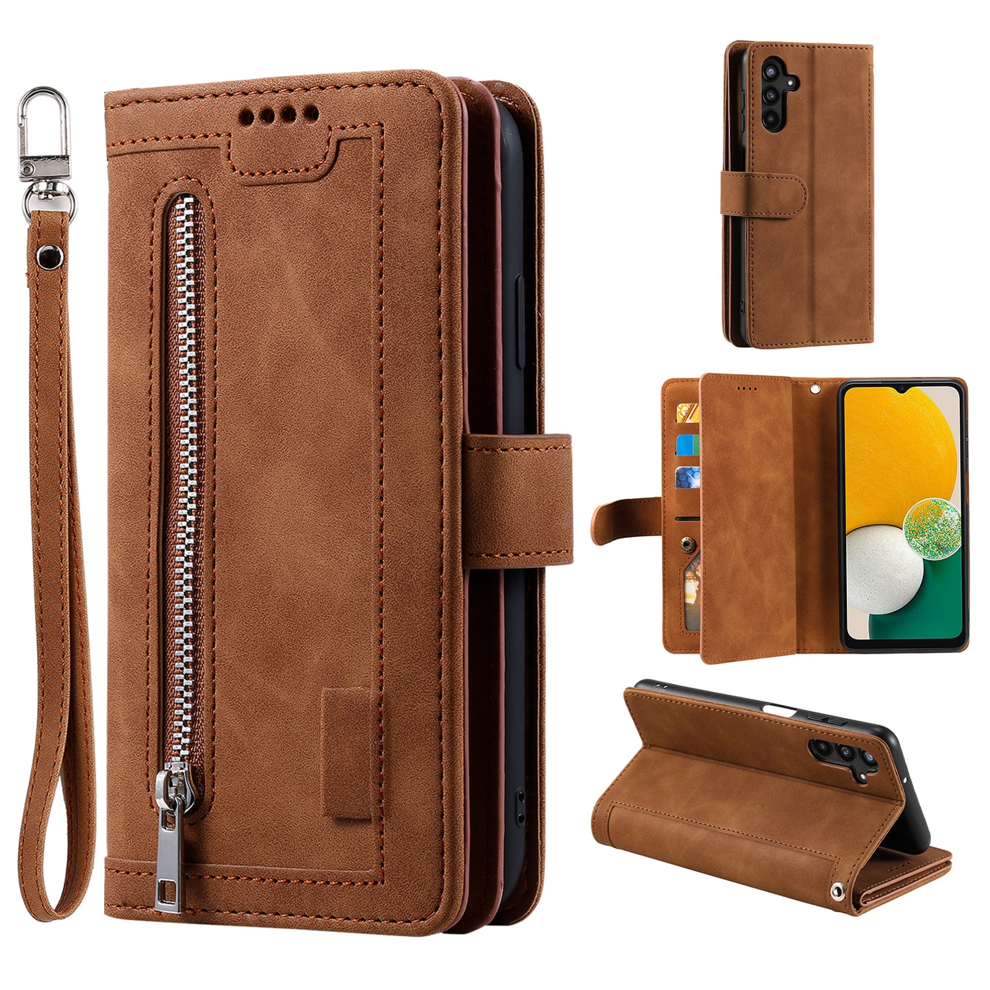For Samsung Galaxy A16 5G / A16 4G Case PU Leather Phone Cover with Zipper Wallet 9 Card Slots - Brown