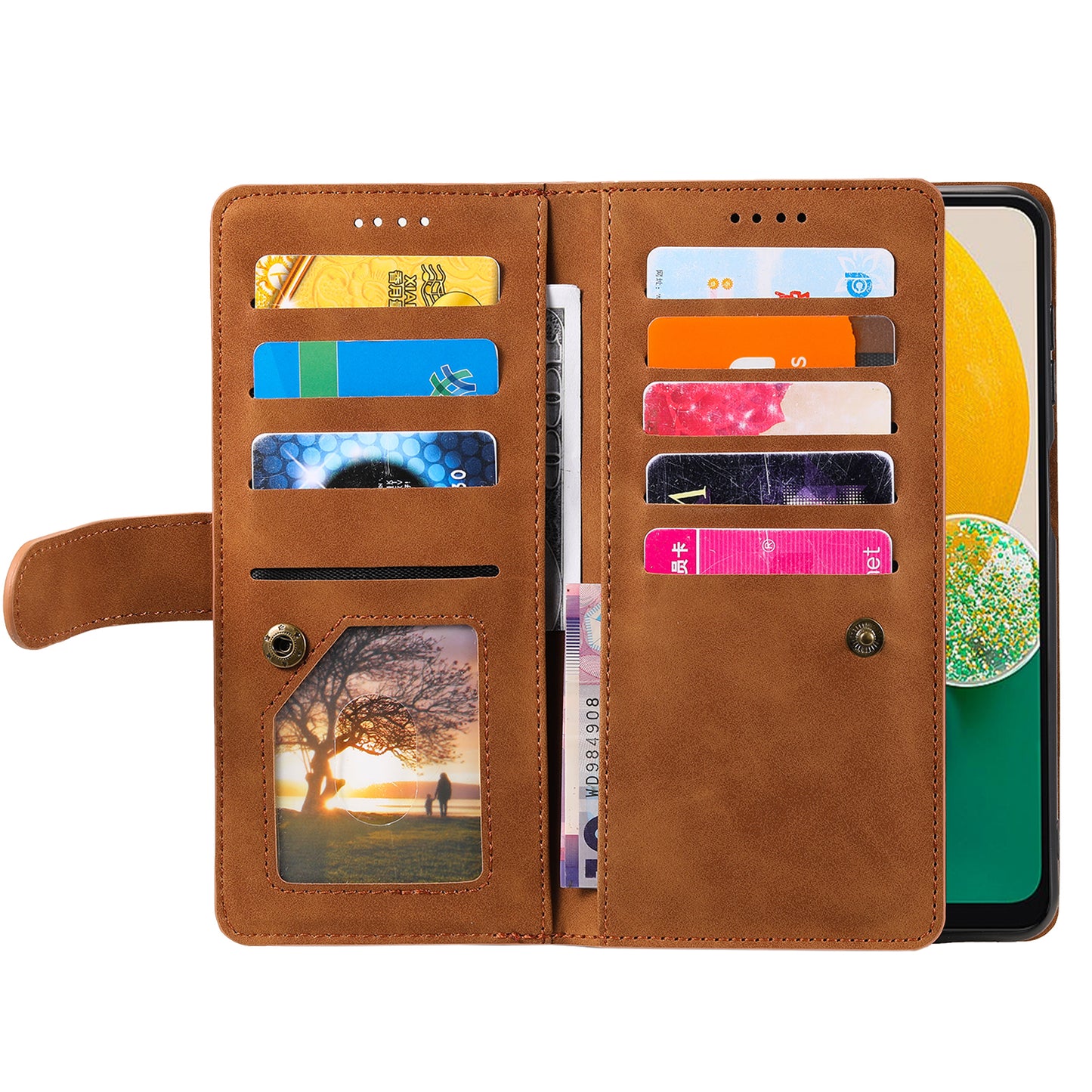 For Samsung Galaxy A16 5G / A16 4G Case PU Leather Phone Cover with Zipper Wallet 9 Card Slots - Brown