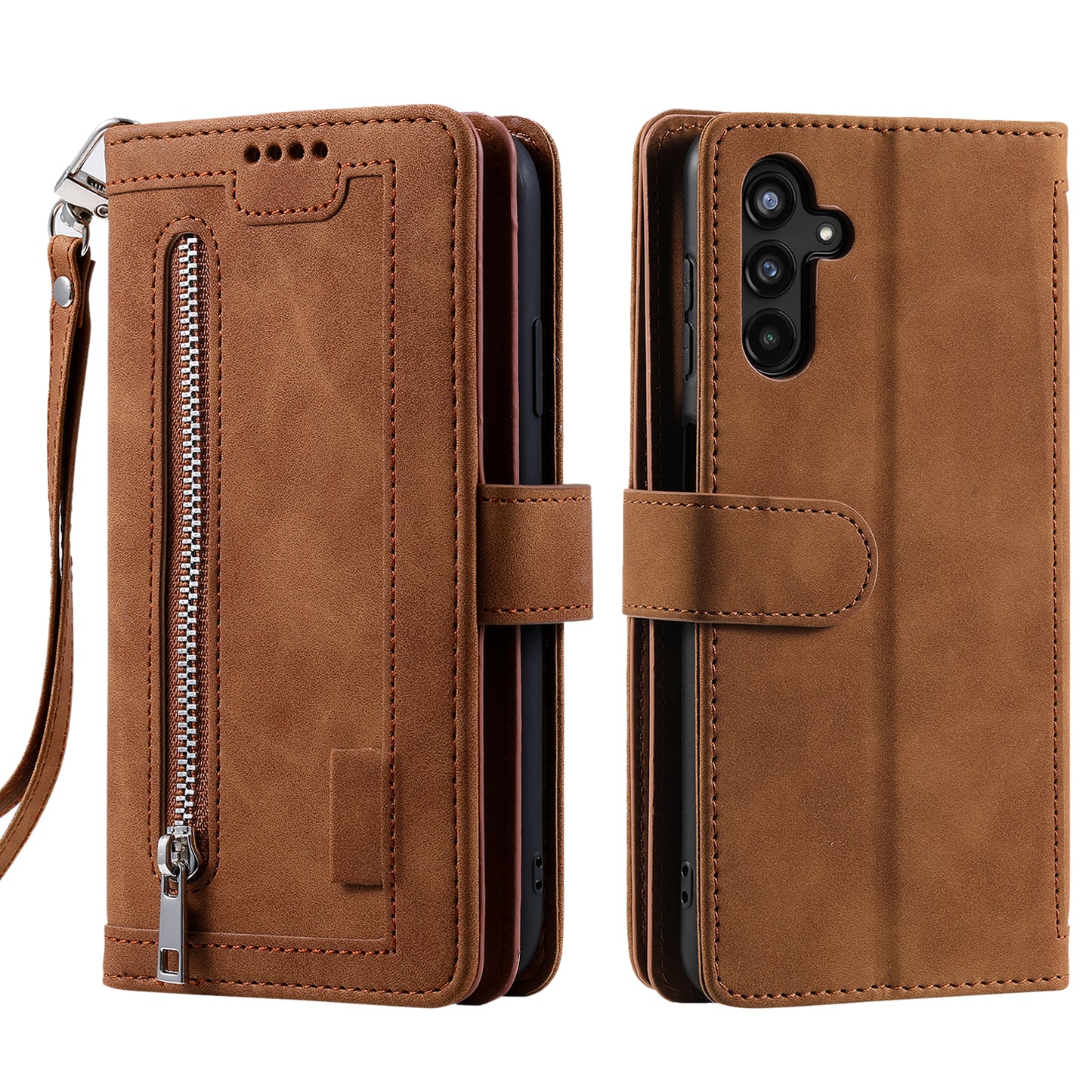 For Samsung Galaxy A16 5G / A16 4G Case PU Leather Phone Cover with Zipper Wallet 9 Card Slots - Brown
