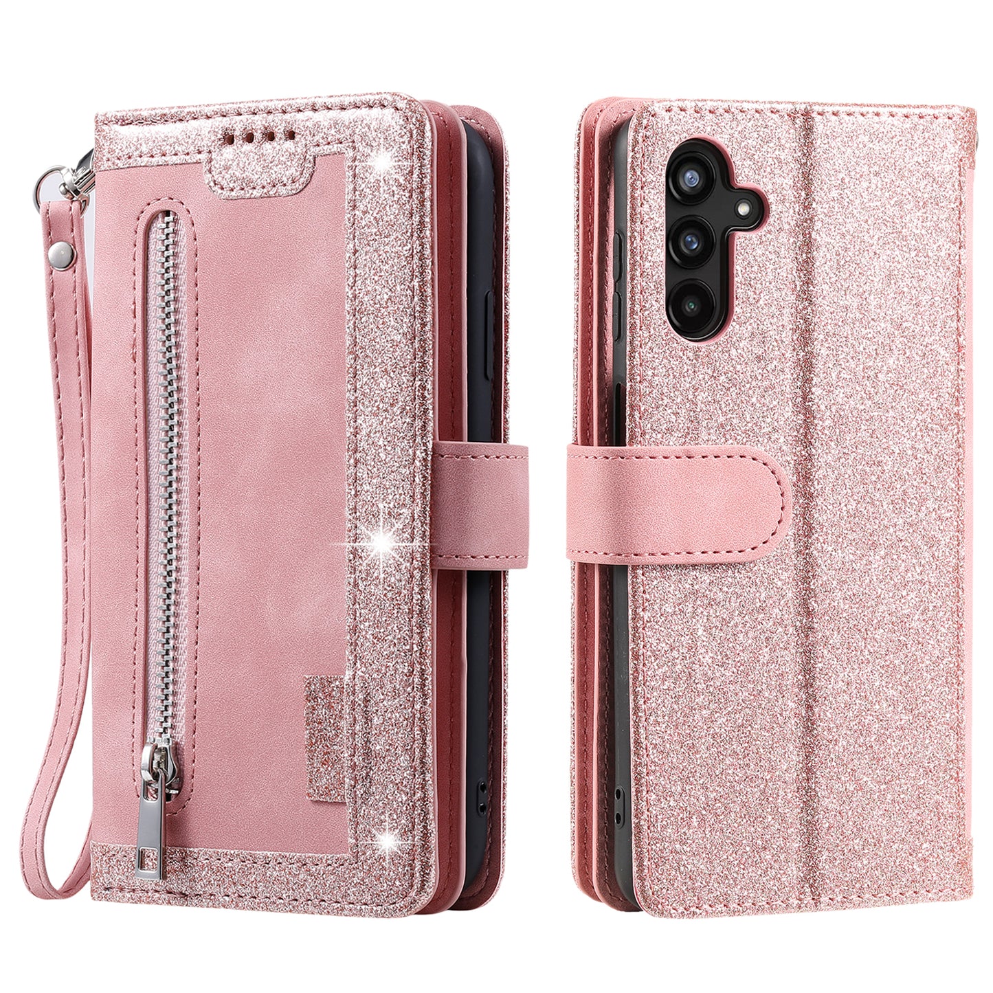 For Samsung Galaxy A16 5G / A16 4G Case PU Leather Phone Cover with Zipper Wallet 9 Card Slots - Rose Gold