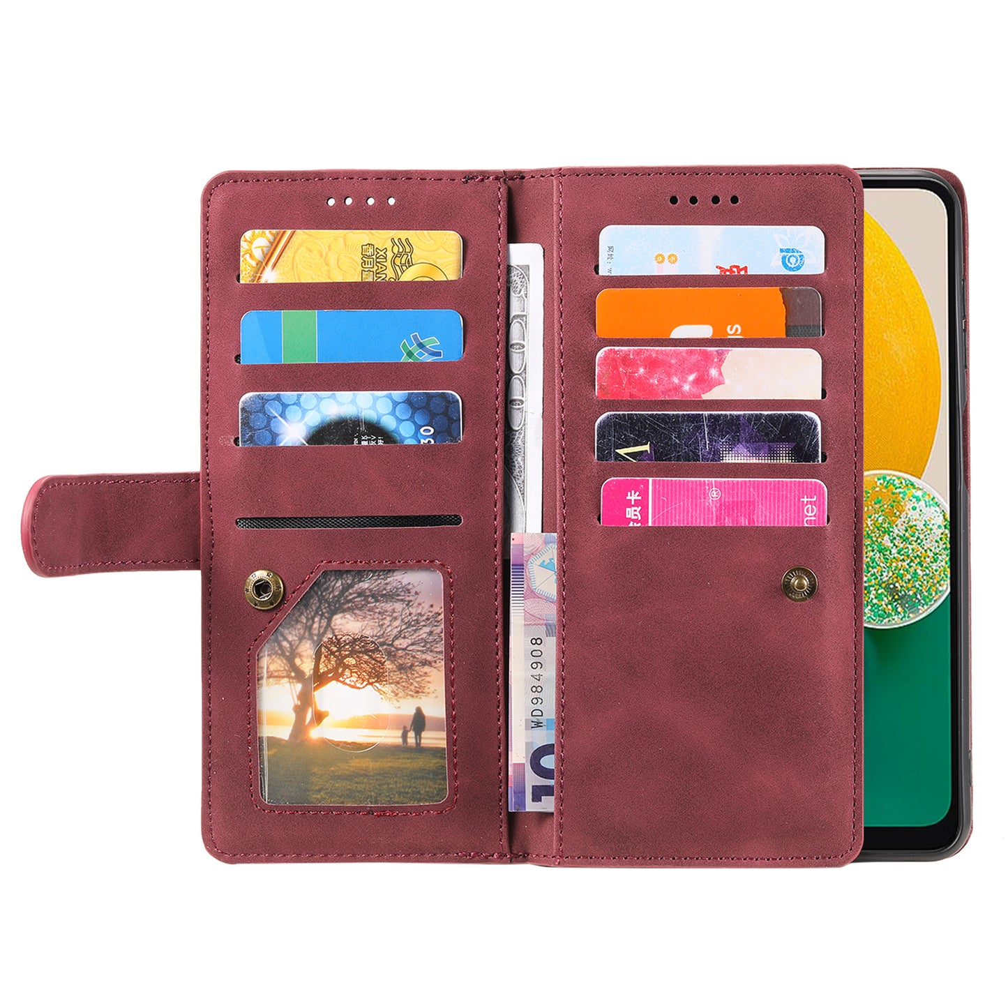 For Samsung Galaxy A16 5G / A16 4G Case PU Leather Phone Cover with Zipper Wallet 9 Card Slots - Wine Red
