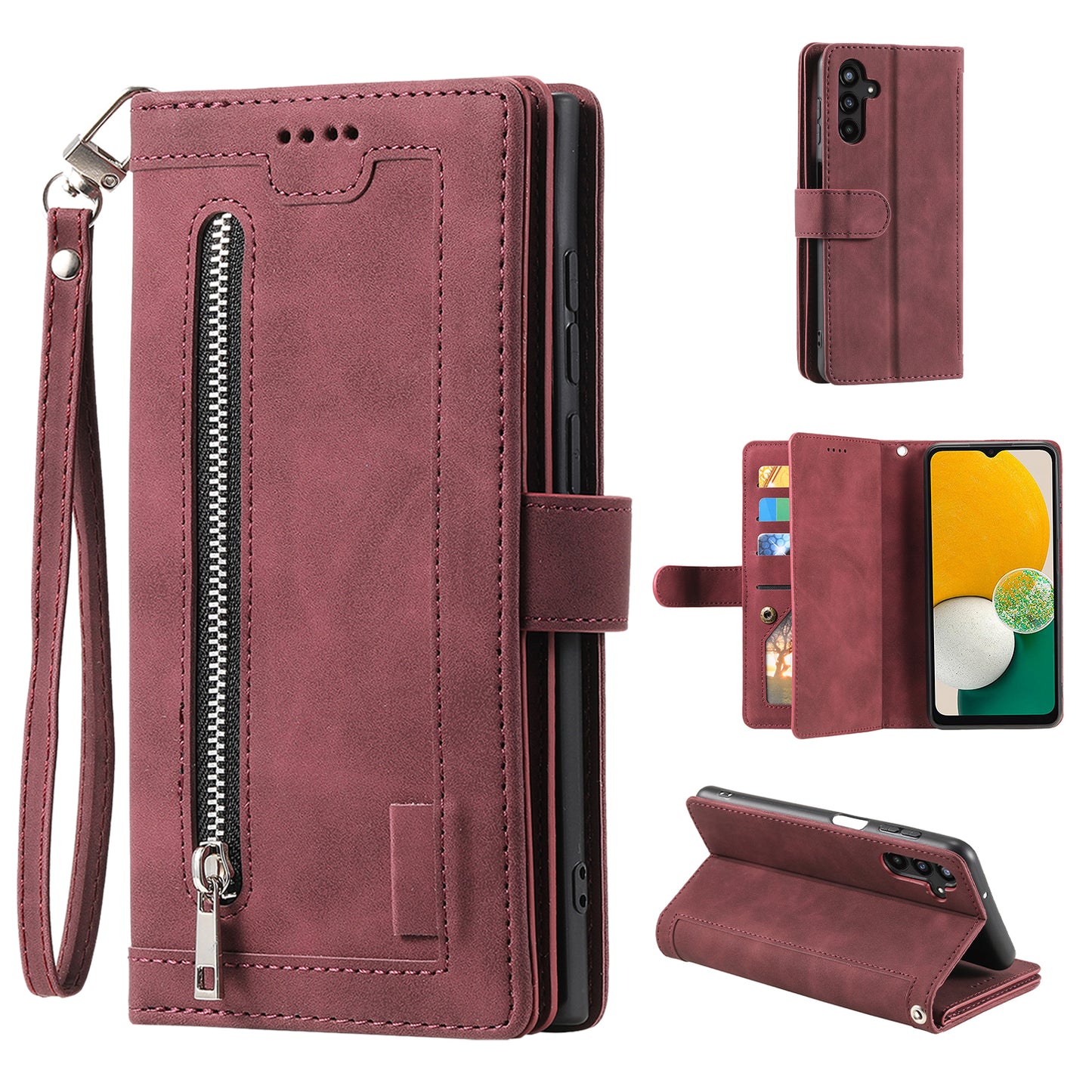 For Samsung Galaxy A16 5G / A16 4G Case PU Leather Phone Cover with Zipper Wallet 9 Card Slots - Wine Red