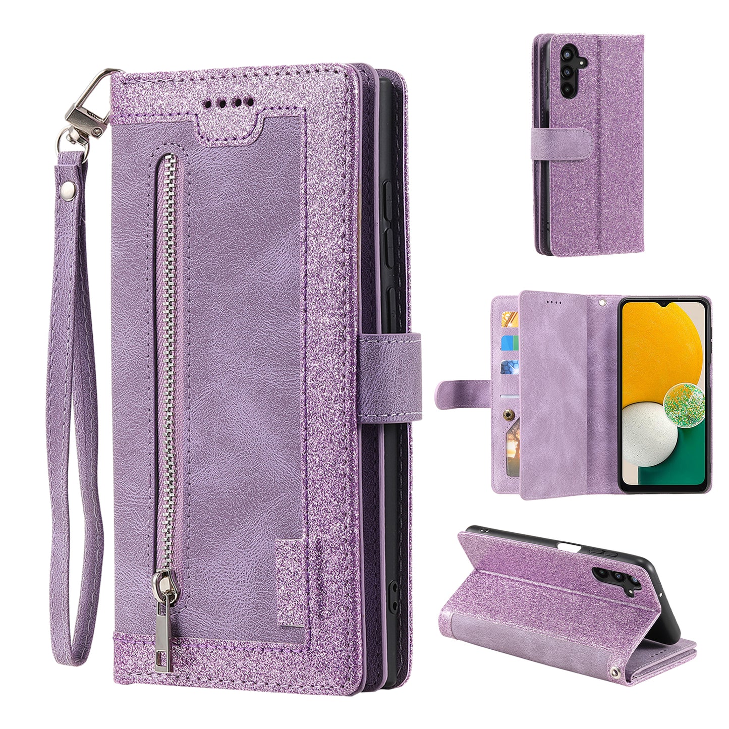 For Samsung Galaxy A16 5G / A16 4G Case PU Leather Phone Cover with Zipper Wallet 9 Card Slots - Purple