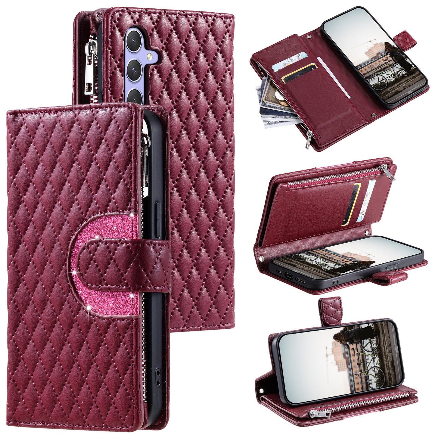Style 012 for Samsung Galaxy A16 5G / A16 4G Case Zipper Pocket Glitter Leather Phone Cover - Wine Red