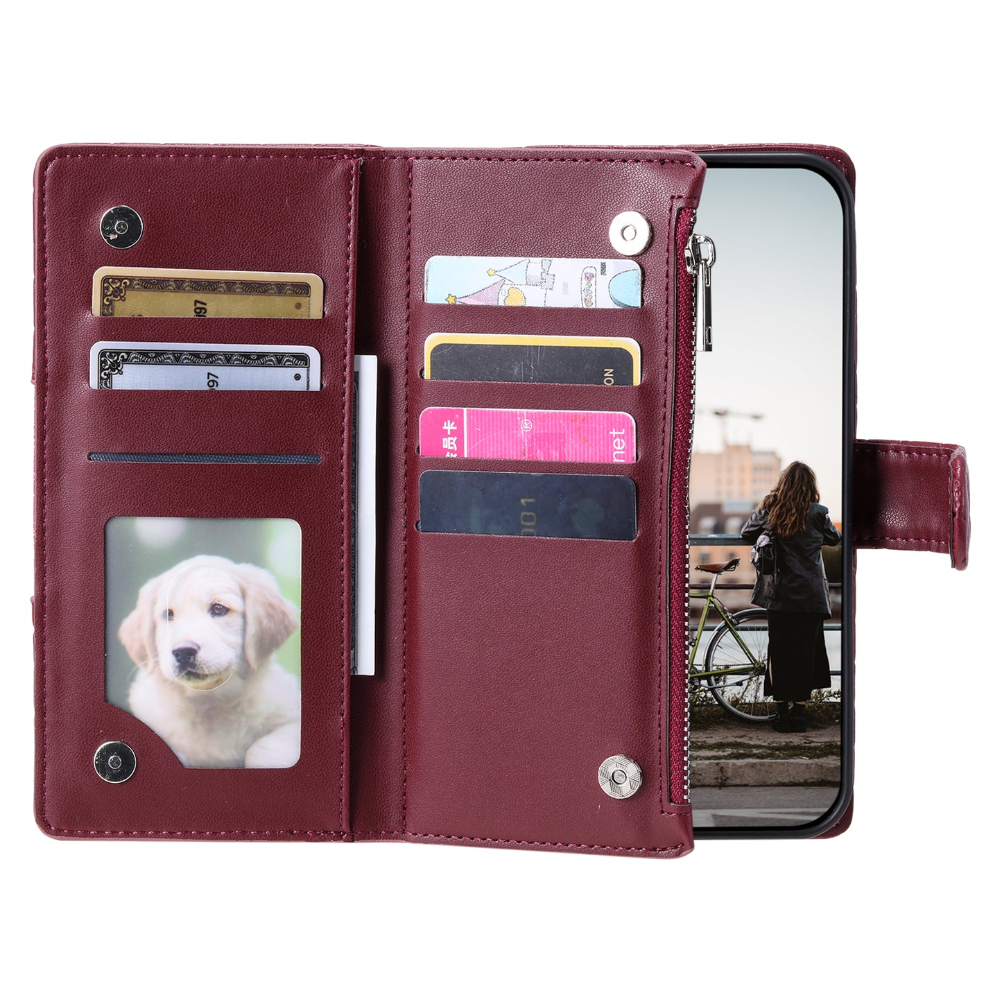 Style 012 for Samsung Galaxy A16 5G / A16 4G Case Zipper Pocket Glitter Leather Phone Cover - Wine Red