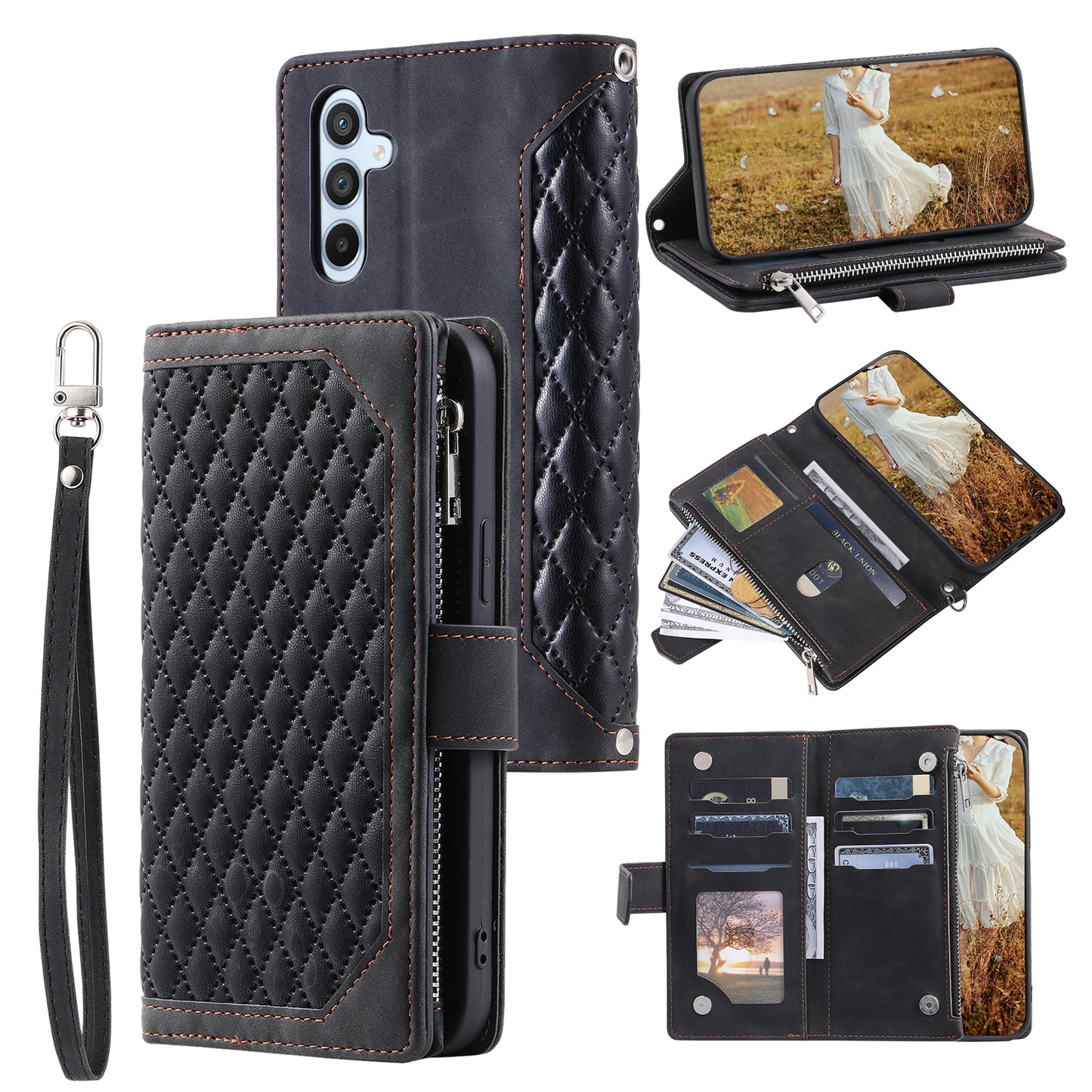 Style 005 For Samsung Galaxy A16 5G / A16 4G Wallet Case Rhombus Stitching Line PU Leather Phone Cover - Black