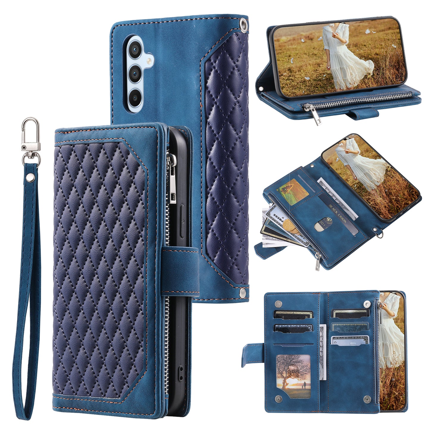 Style 005 For Samsung Galaxy A16 5G / A16 4G Wallet Case Rhombus Stitching Line PU Leather Phone Cover - Blue
