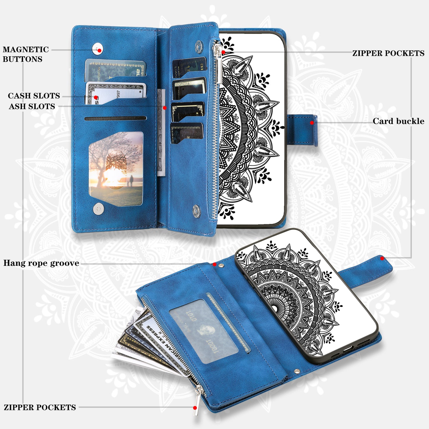 Style 006 For Samsung Galaxy A16 5G / A16 4G Wallet Case PU Leather Phone Cover Mandala Flower Pattern - Blue