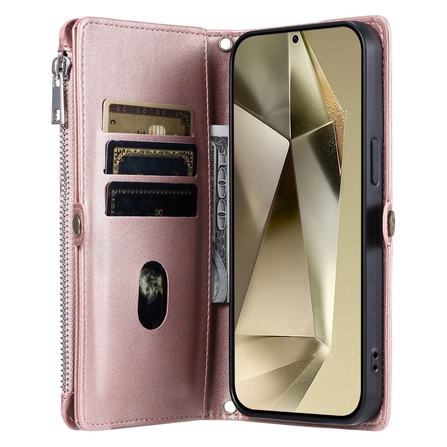 015 Style For Samsung Galaxy A16 5G / A16 4G Case TPU+PU Leather Wallet Phone Cover with Straps - Rose Gold
