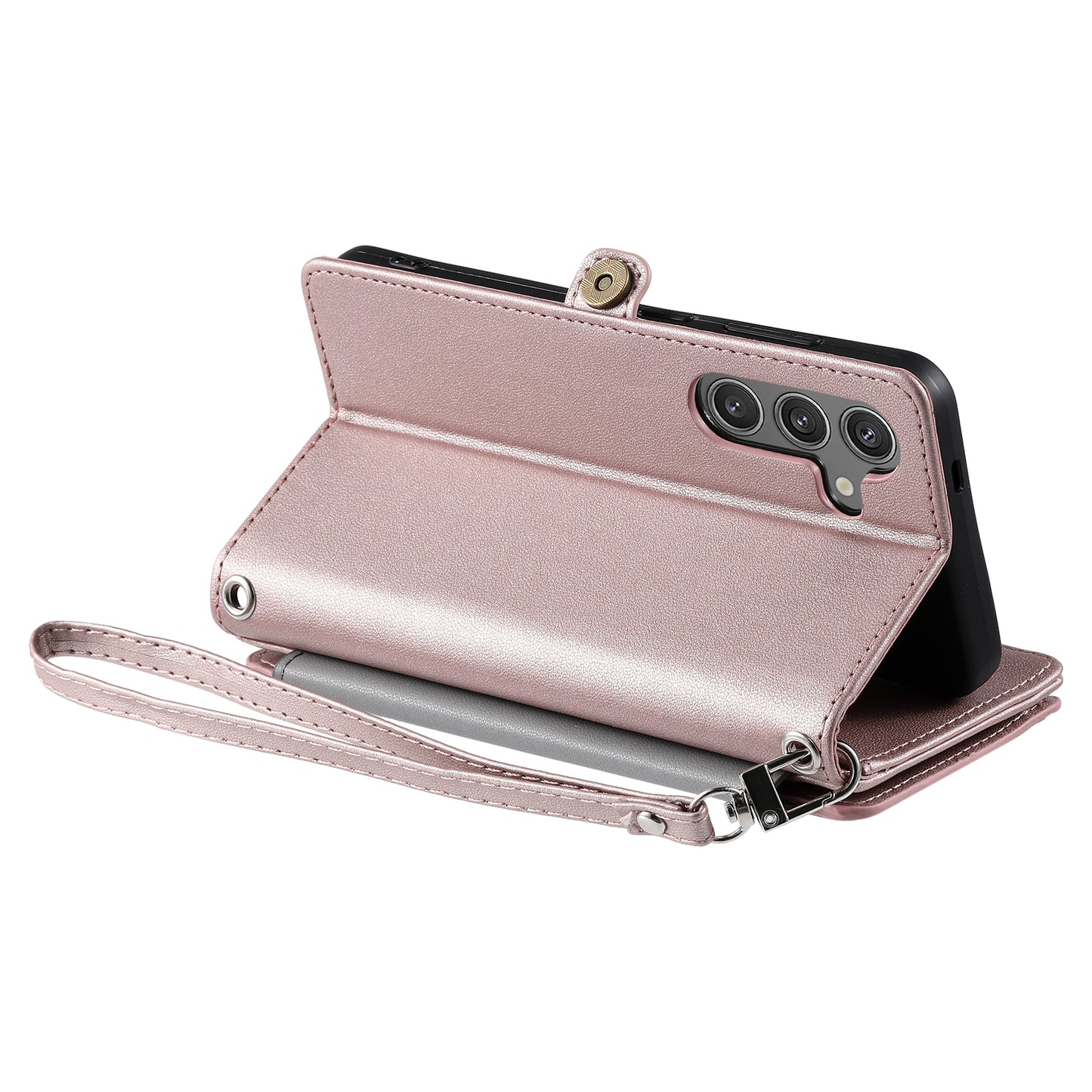 015 Style For Samsung Galaxy A16 5G / A16 4G Case TPU+PU Leather Wallet Phone Cover with Straps - Rose Gold