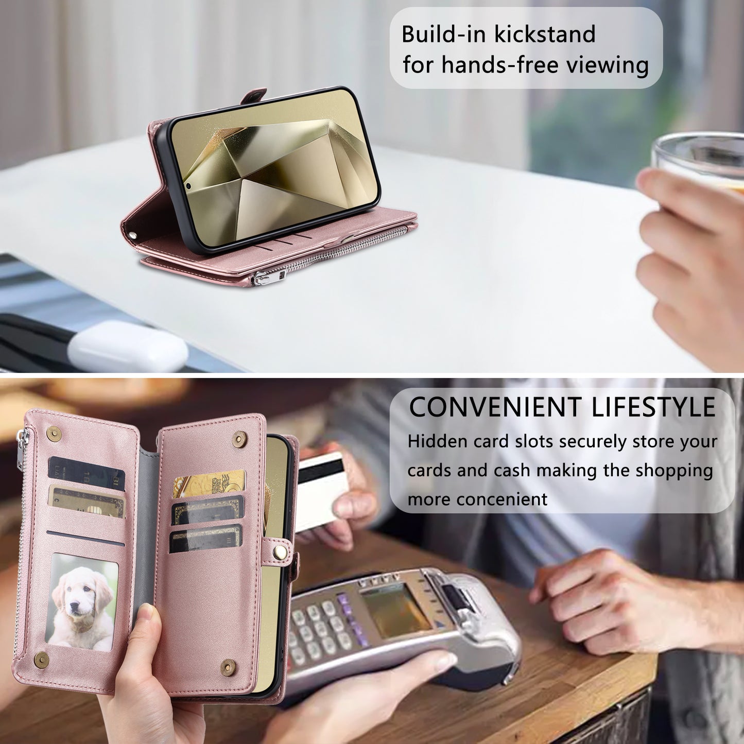 015 Style For Samsung Galaxy A16 5G / A16 4G Case TPU+PU Leather Wallet Phone Cover with Straps - Rose Gold