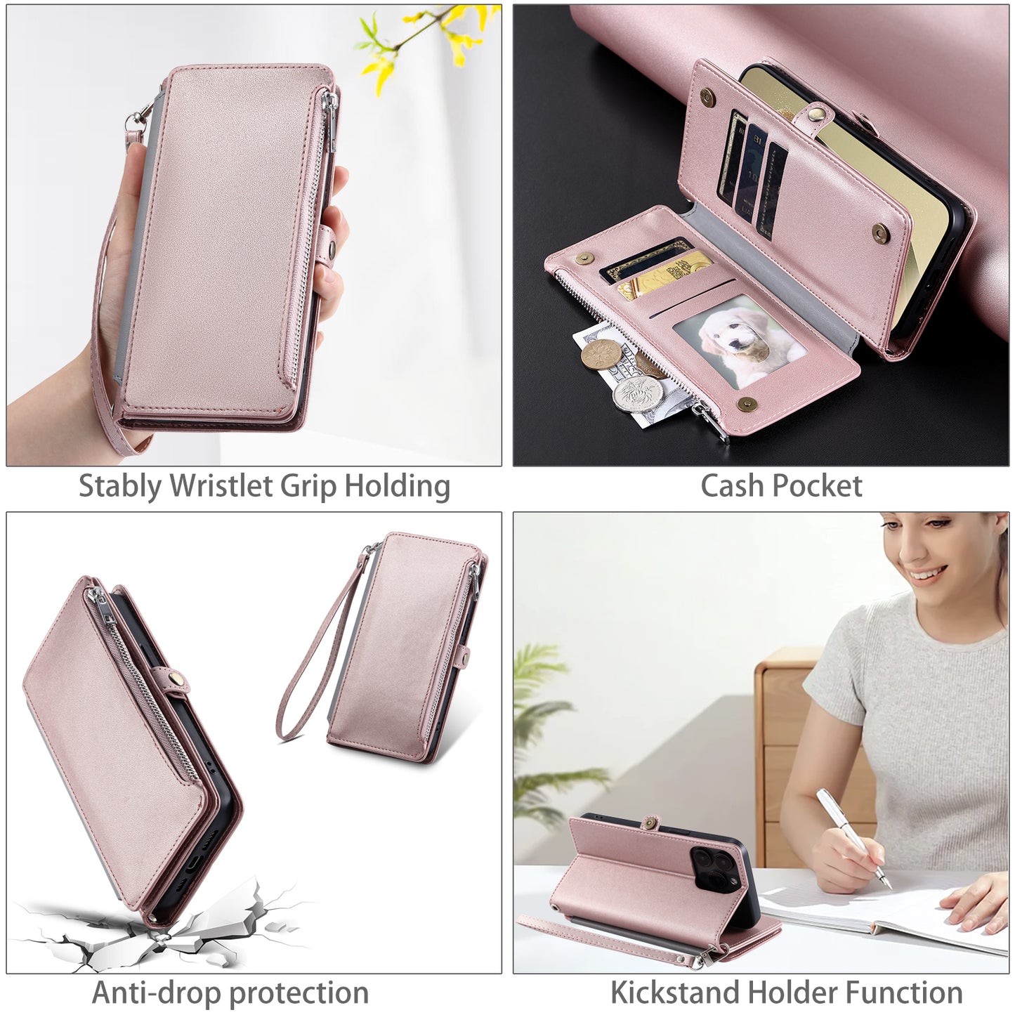 015 Style For Samsung Galaxy A16 5G / A16 4G Case TPU+PU Leather Wallet Phone Cover with Straps - Rose Gold