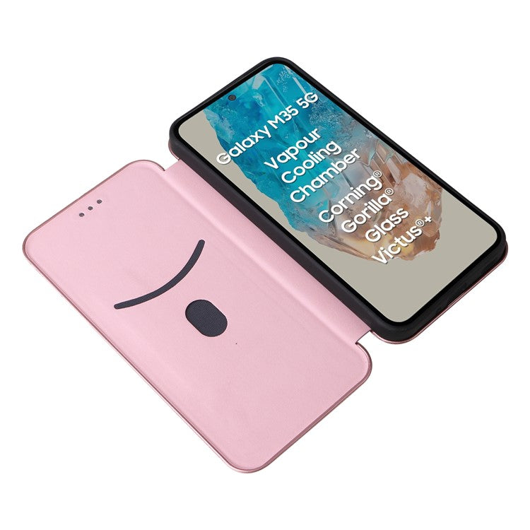 For Samsung Galaxy M35 5G Case Card Holder Carbon Fiber Texture Leather Cell Phone Cover - Rose Gold