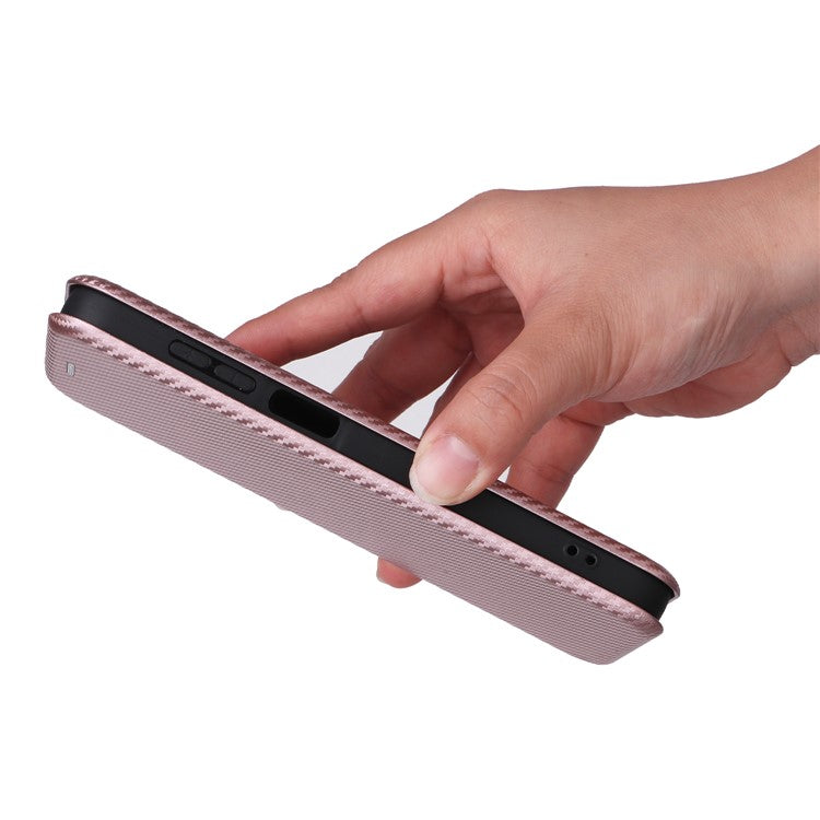For Samsung Galaxy M35 5G Case Card Holder Carbon Fiber Texture Leather Cell Phone Cover - Rose Gold