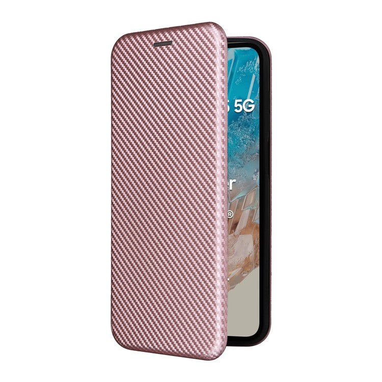 For Samsung Galaxy M35 5G Case Card Holder Carbon Fiber Texture Leather Cell Phone Cover - Rose Gold