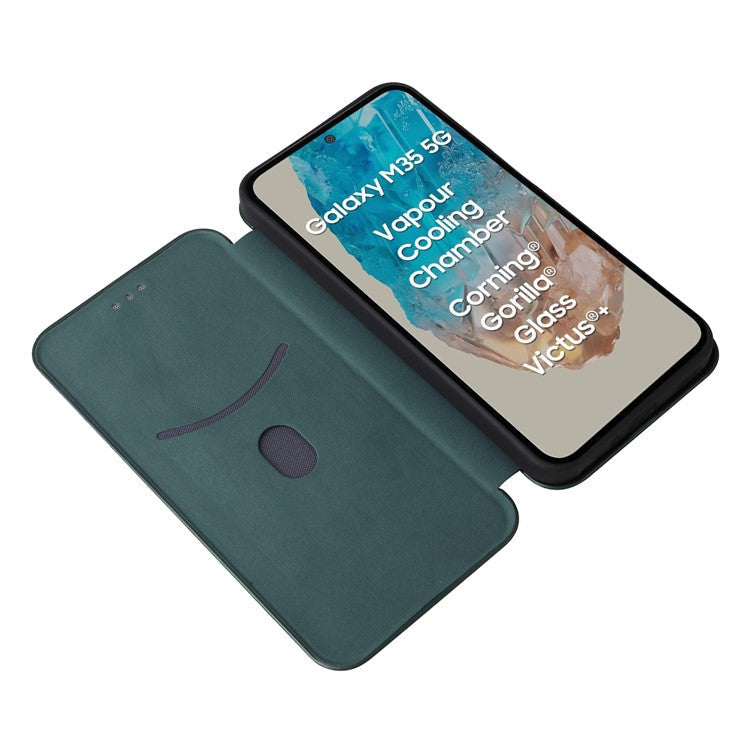 For Samsung Galaxy M35 5G Case Card Holder Carbon Fiber Texture Leather Cell Phone Cover - Green