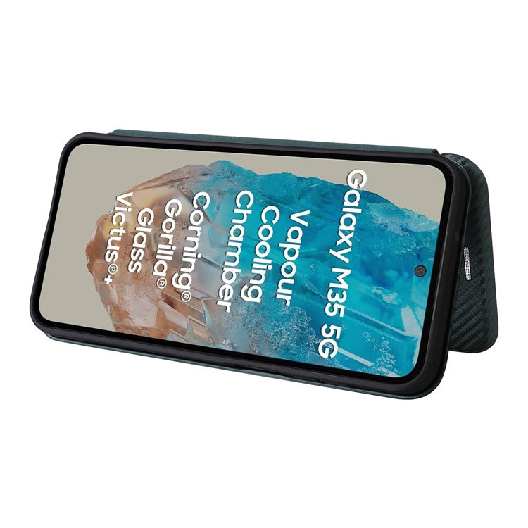 For Samsung Galaxy M35 5G Case Card Holder Carbon Fiber Texture Leather Cell Phone Cover - Green