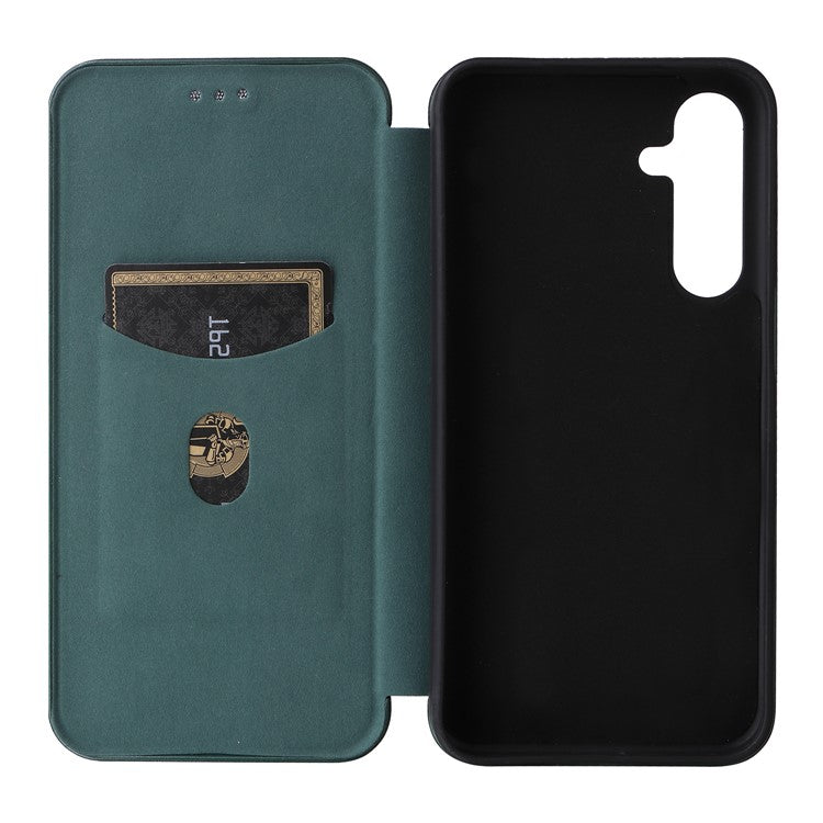 For Samsung Galaxy M35 5G Case Card Holder Carbon Fiber Texture Leather Cell Phone Cover - Green