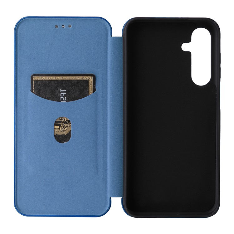 For Samsung Galaxy M35 5G Case Card Holder Carbon Fiber Texture Leather Cell Phone Cover - Blue