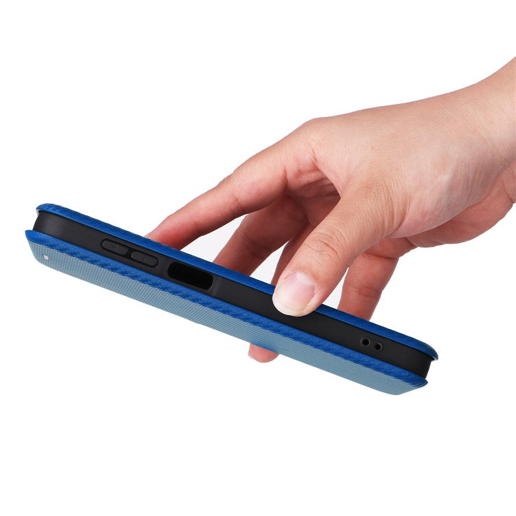 For Samsung Galaxy M35 5G Case Card Holder Carbon Fiber Texture Leather Cell Phone Cover - Blue