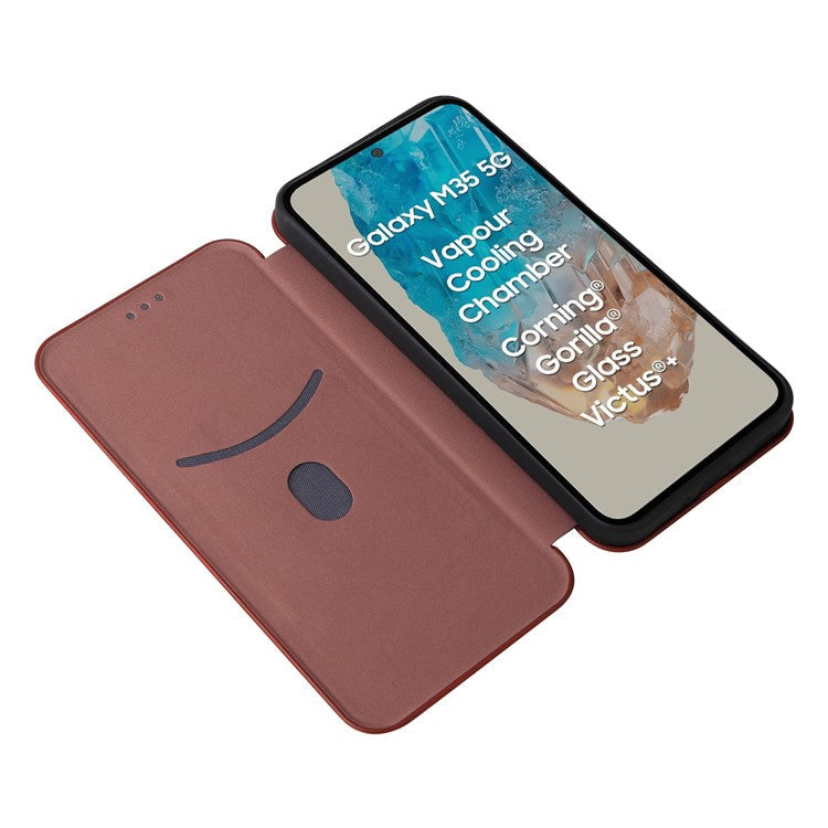 For Samsung Galaxy M35 5G Case Card Holder Carbon Fiber Texture Leather Cell Phone Cover - Brown