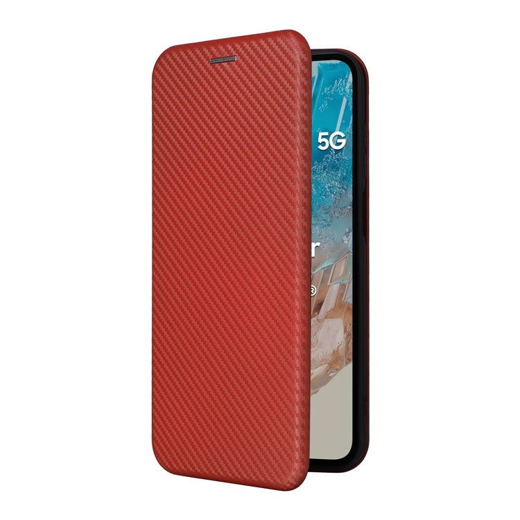 For Samsung Galaxy M35 5G Case Card Holder Carbon Fiber Texture Leather Cell Phone Cover - Brown